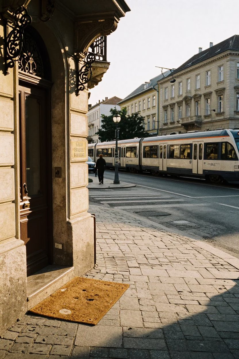 Budapest Hungary Early Afternoon Street Scene with Commuter Train Crossing Chain Bridge in in Budapest, Hungary