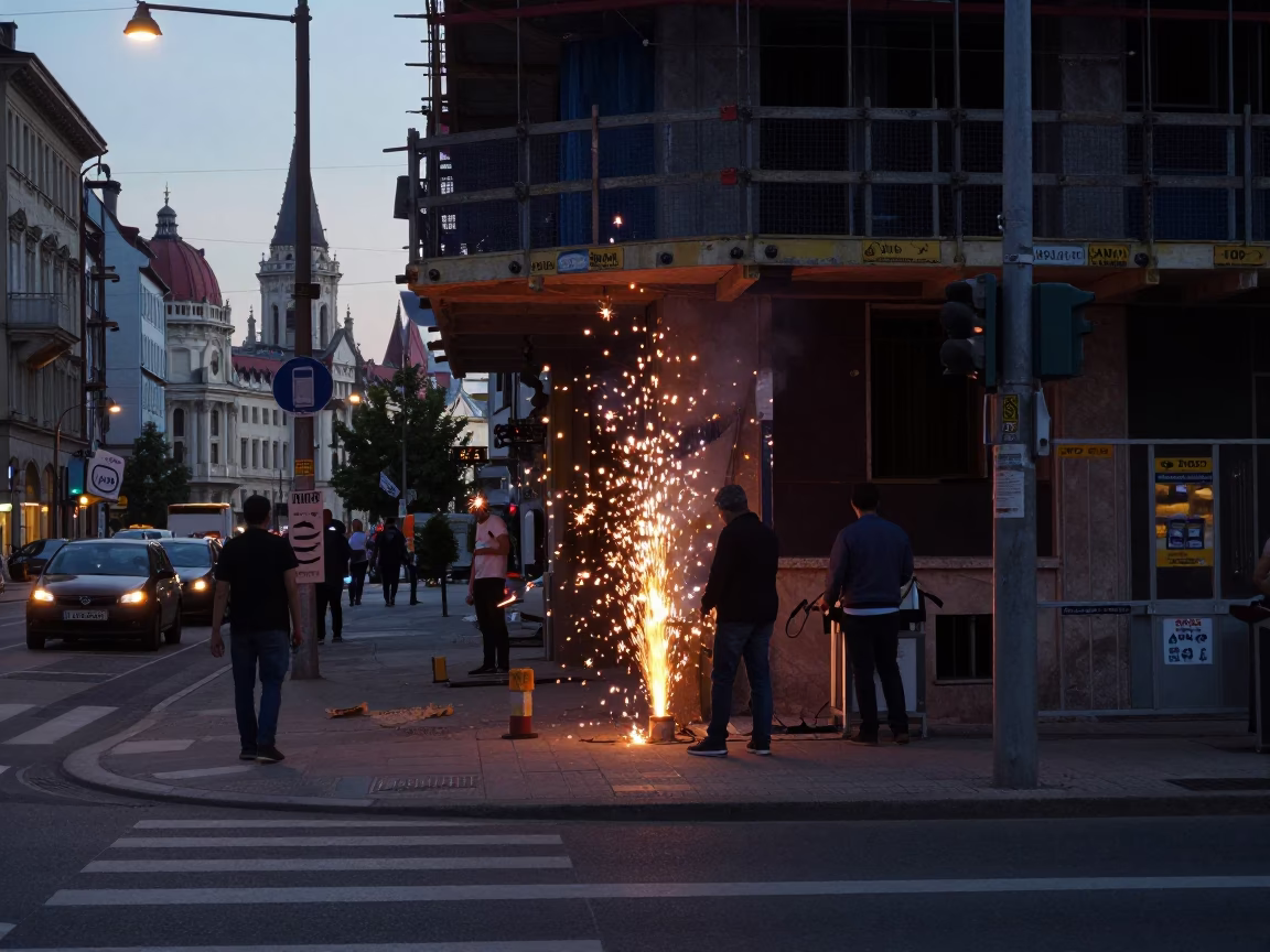 Budapest Hungary Early Evening Street Scene with Welding Sparks and Vintage Atmosphere in in Budapest, Hungary
