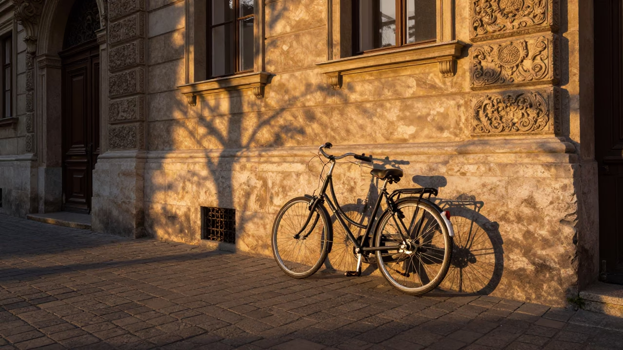 Budapest Hungary Evening Street Scene with Bicycle and Sunlight in in Budapest, Hungary