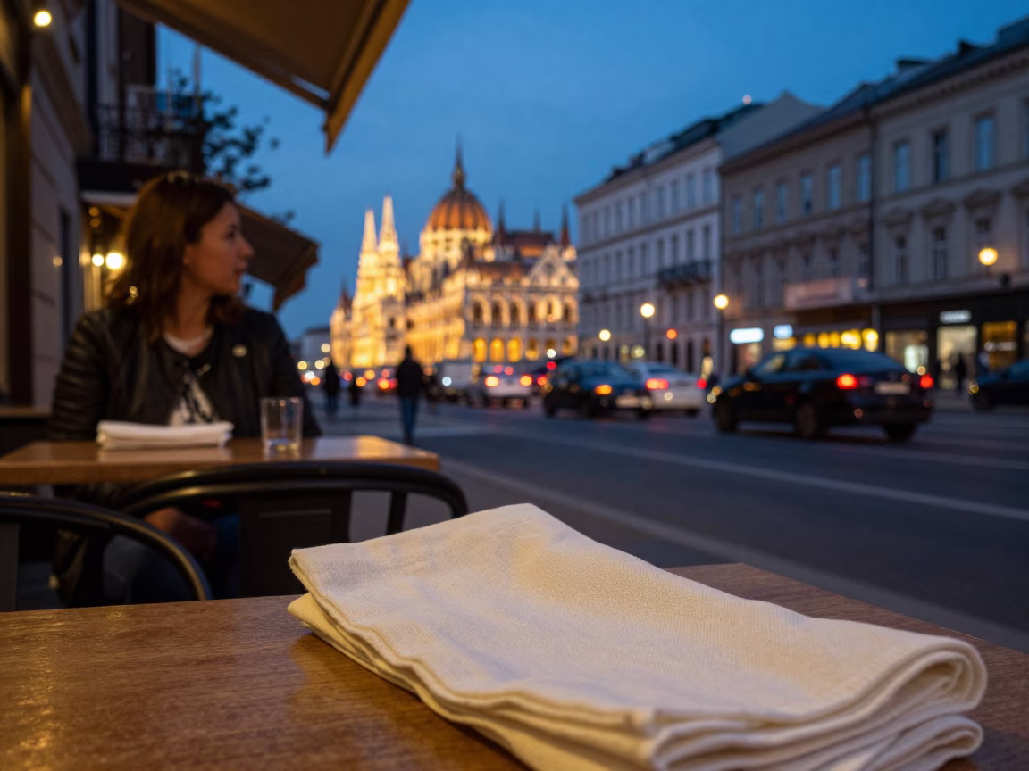 Budapest Hungary Evening Street Scene with Linen Napkin and City Lights in in Budapest, Hungary