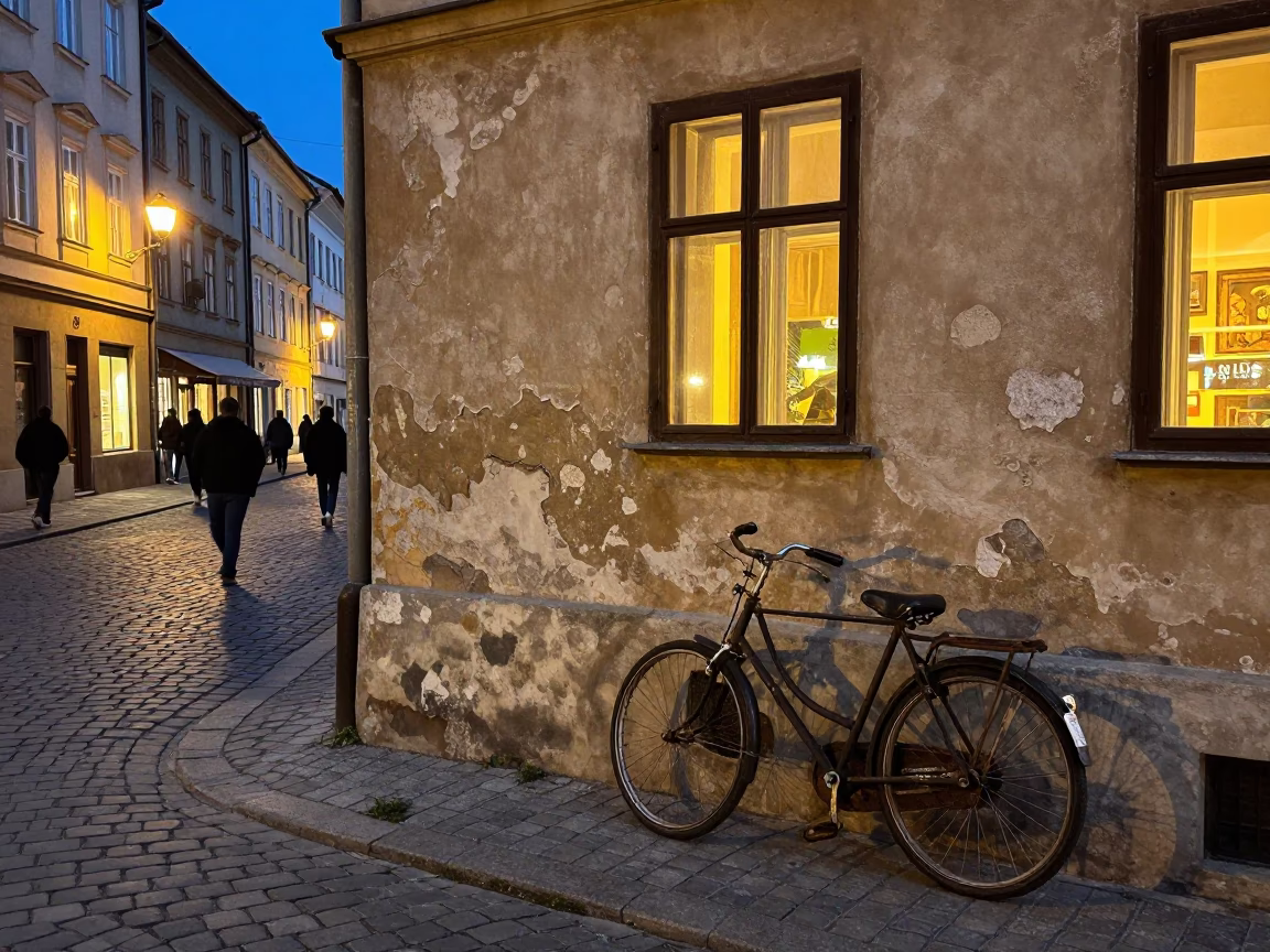 Budapest Hungary Evening Street Scene with Vintage Bicycle and Local Shopfronts in in Budapest, Hungary