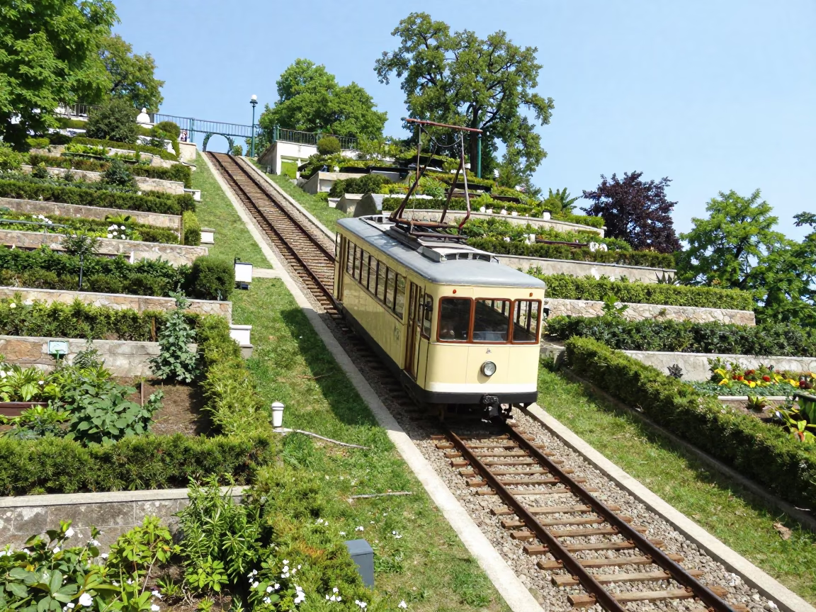 Budapest Hungary Funicular Railway Rising Through Terraced Gardens in Bright Midmorning Light in in Budapest, Hungary