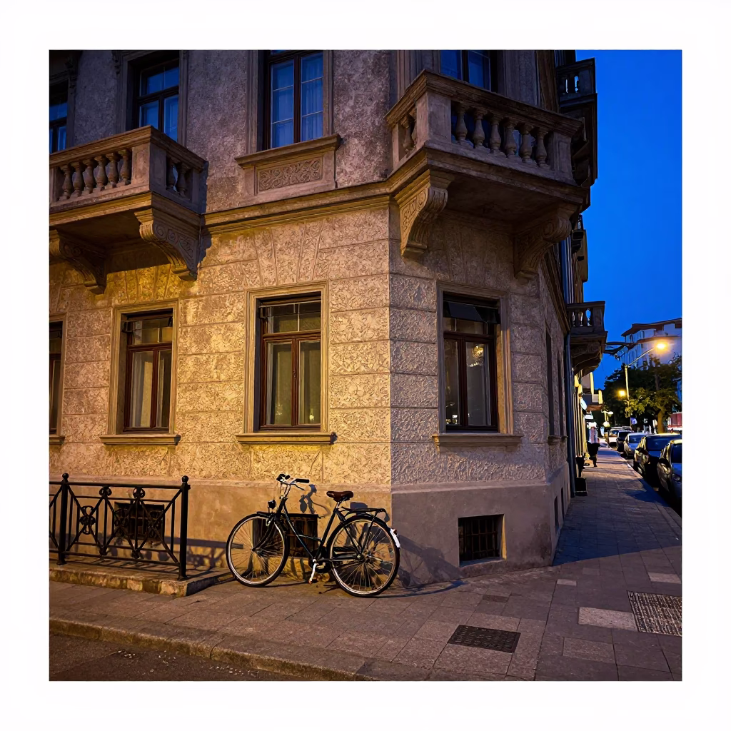 Budapest Hungary indigo twilight street scene with bicycle and historic architecture in in Budapest, Hungary