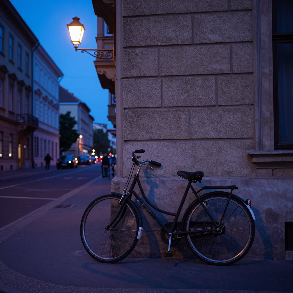 Budapest Hungary Indigo Twilight Street Scene with Vintage Bicycle and Plaster Wall in in Budapest, Hungary