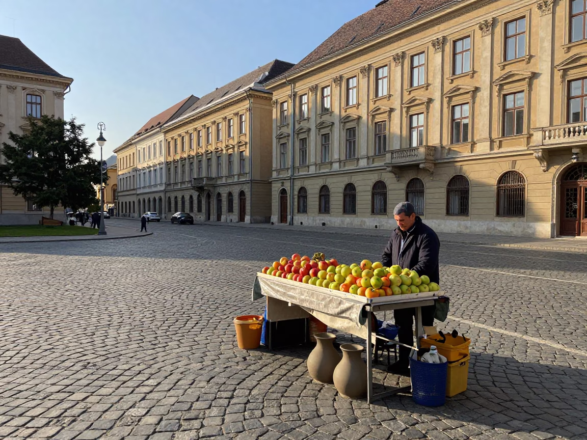 Budapest Hungary Late Afternoon Street Scene with Apples and Clay Pot in in Budapest, Hungary