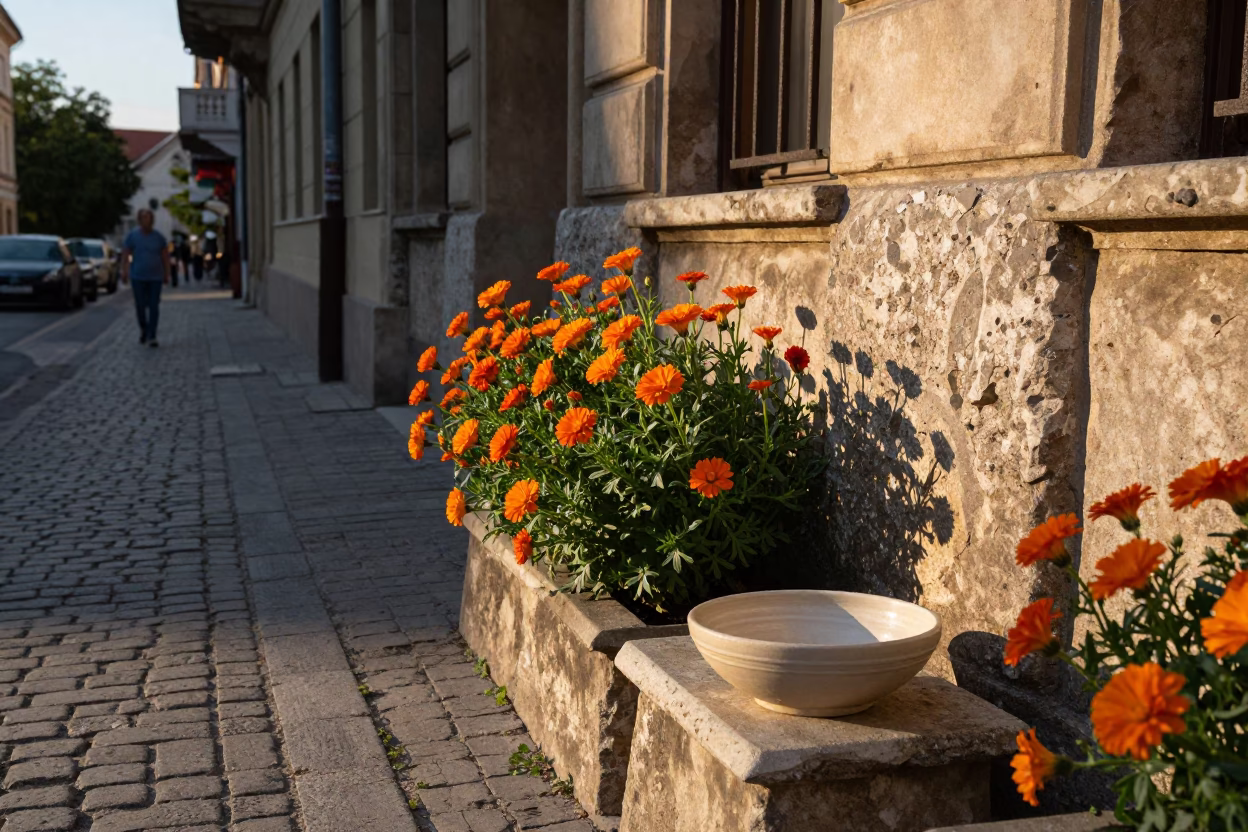 Budapest Hungary Late Afternoon Street Scene with Orange Calendula Flowers and Condensation on Tile in in Budapest, Hungary