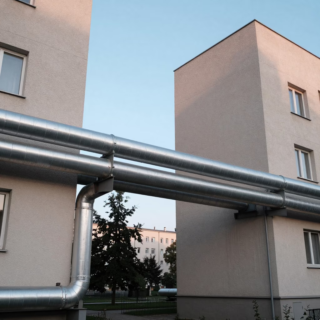 Budapest Hungary Late Morning District Heating Pipes Between Concrete Apartment Blocks in in Budapest, Hungary