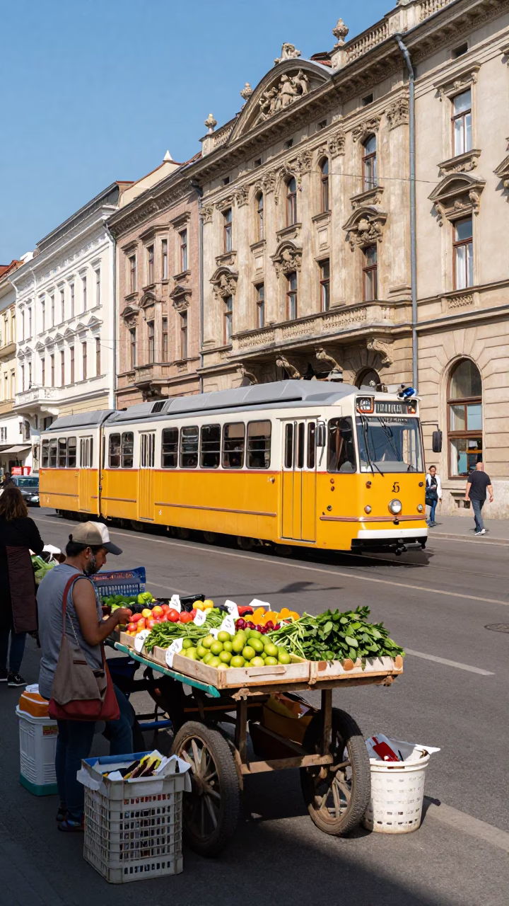 Budapest Hungary Midmorning Street Scene with Traditional Market Goods and Historic Architecture in in Budapest, Hungary