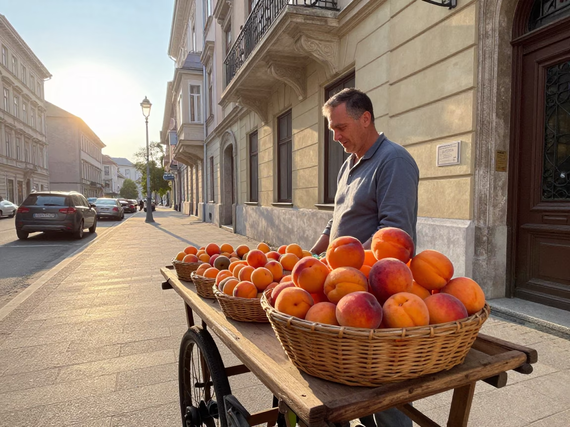 Budapest Hungary Morning Street Scene with Apricots and Vintage 1960s Atmosphere in in Budapest, Hungary