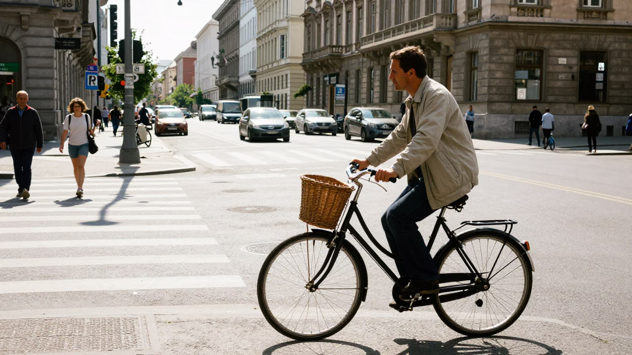 Budapest Hungary Noon Light Street Scene with Bicycle and Bicycle Basket in in Budapest, Hungary
