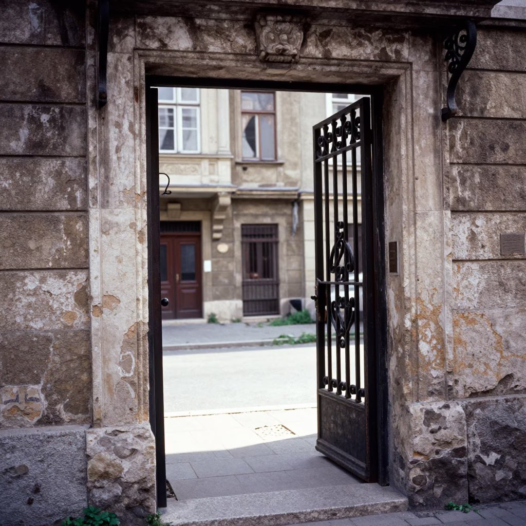 Budapest Hungary Noon Street Scene with Wrought Iron Doorframe and Local Life in in Budapest, Hungary