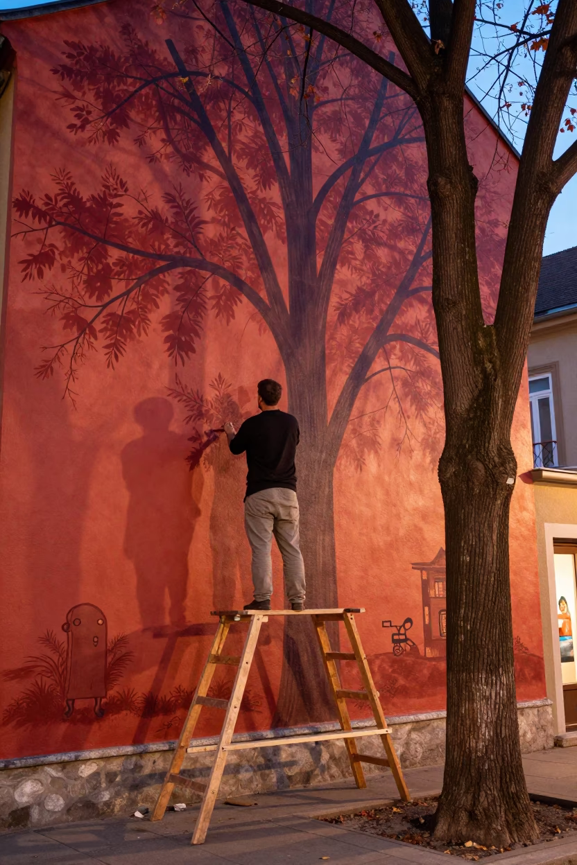 Budapest Hungary street mural artist painting copper beech tree before dusk in in Budapest, Hungary