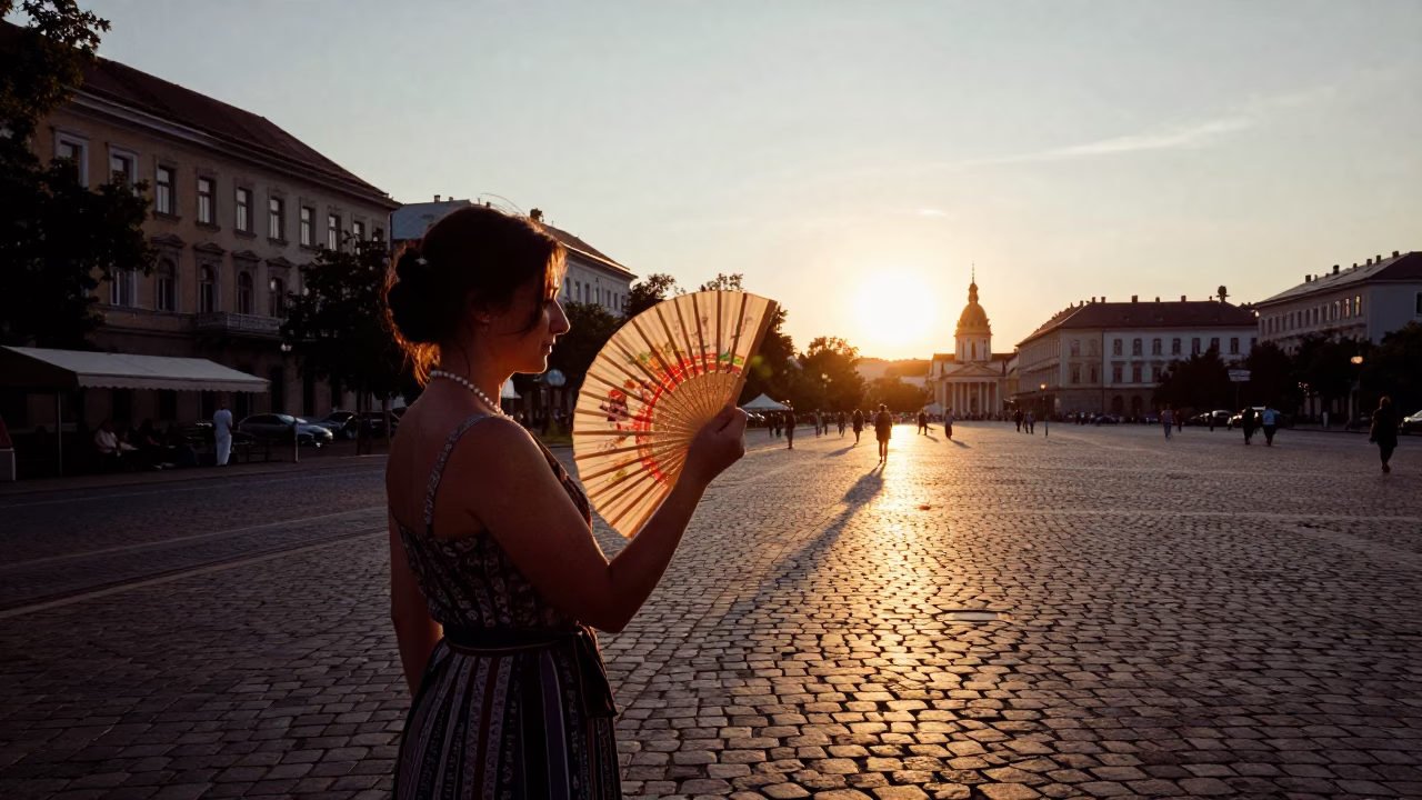 Budapest Hungary Sunset Street Scene with Paper Fan and Maamoul Cookies in 1950s Style in in Budapest, Hungary