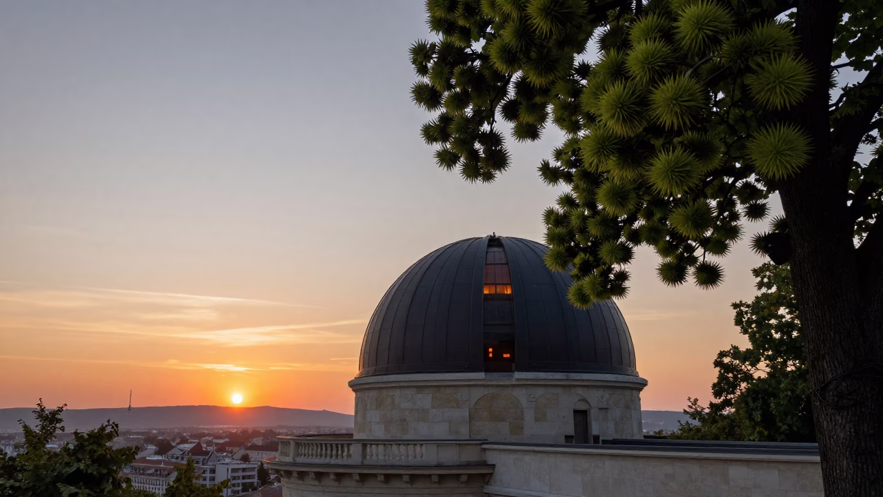 Budapest Hungary Sunset View of Gellért Hill Observatory Dome and Chestnut Trees in in Budapest, Hungary