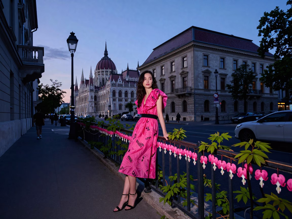 Budapest Indigo Twilight High Fashion Street Scene with Bleeding Heart Vine in in Budapest, Hungary