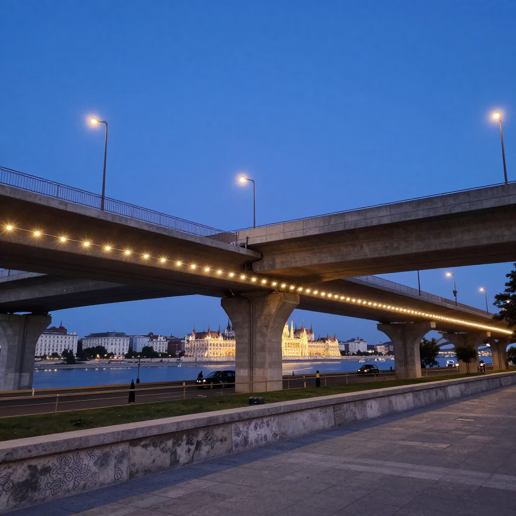 Budapest indigo twilight highway flyover and string lights over Danube promenade in in Budapest, Hungary