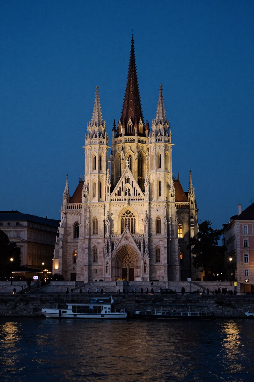 Budapest indigo twilight scene with historic stone architecture and street lights in in Budapest, Hungary