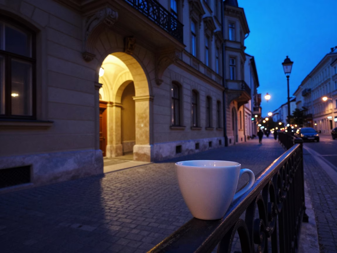 Budapest indigo twilight street scene with a ceramic cup and vintage tram in in Budapest, Hungary