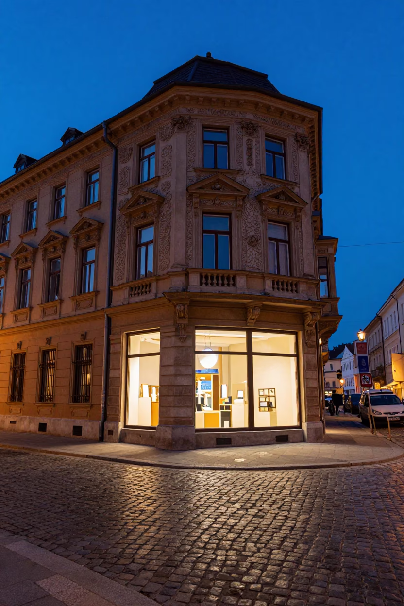 Budapest indigo twilight street scene with clear glass window and urban architecture in in Budapest, Hungary