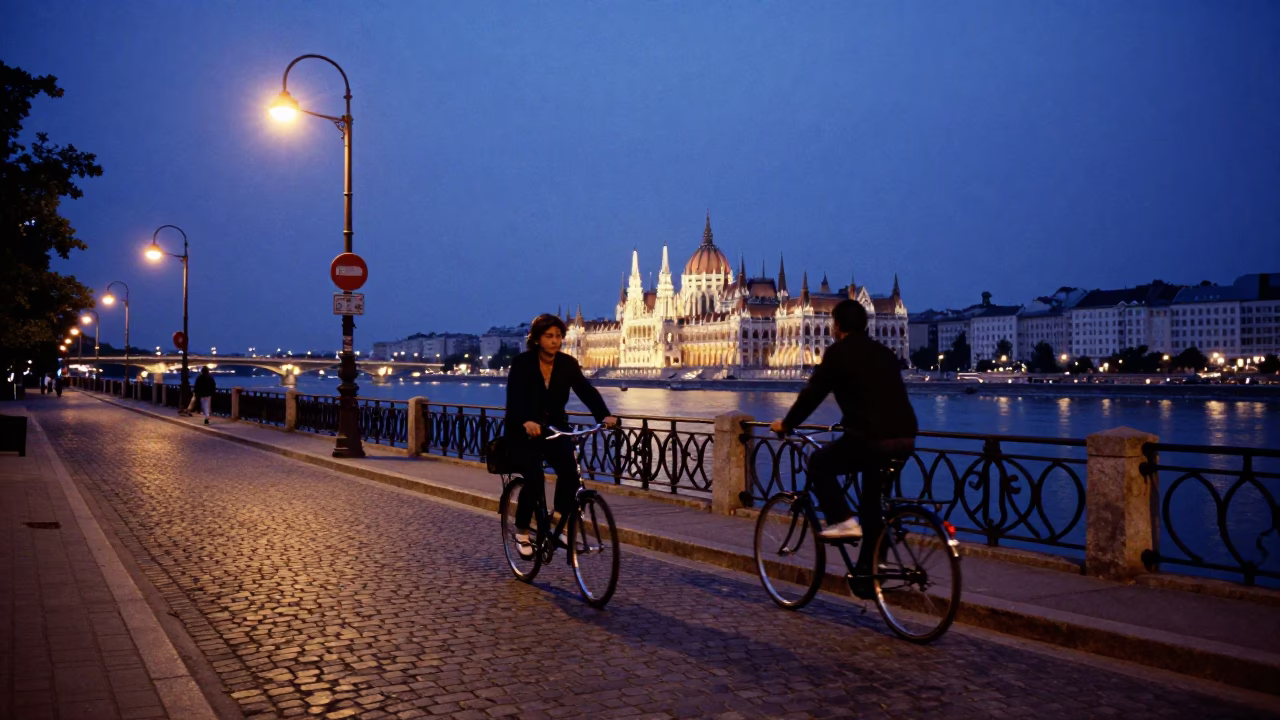 Budapest indigo twilight street scene with cyclist and urban architecture in in Budapest, Hungary