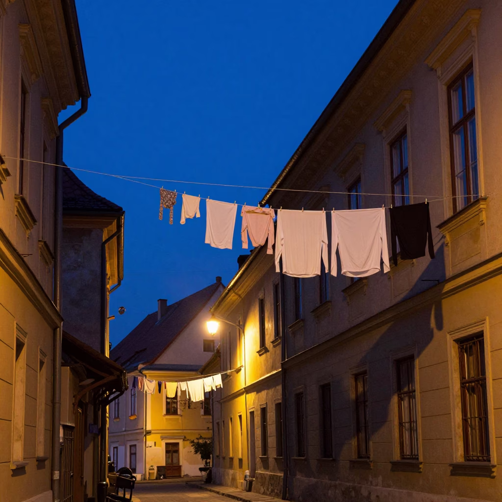 Budapest indigo twilight street scene with hanging laundry and urban architecture in in Budapest, Hungary
