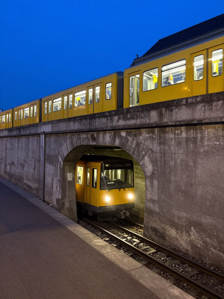 Budapest Indigo Twilight Street Scene with Metro Train Emerging from Tunnel in in Budapest, Hungary