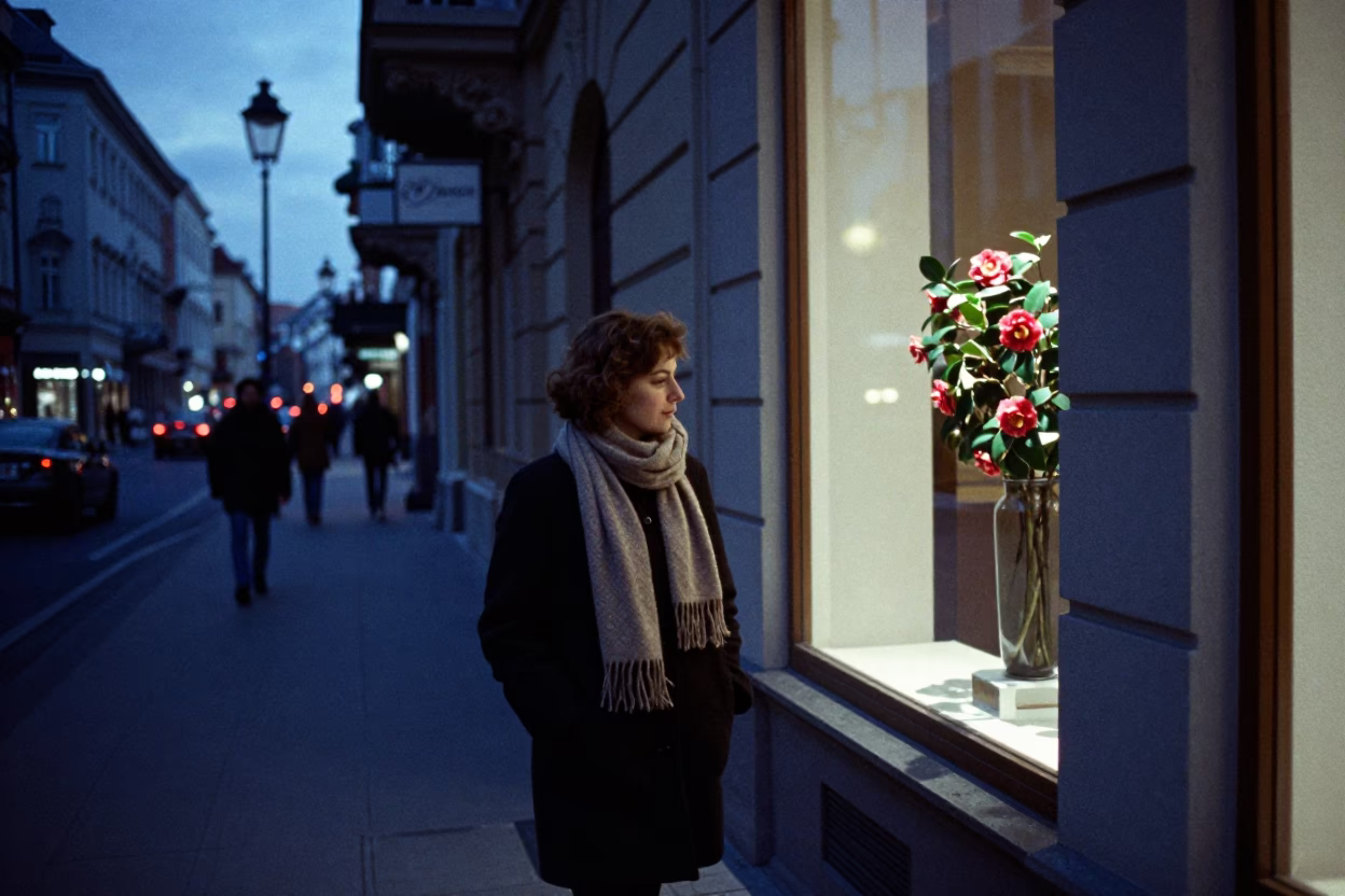 Budapest indigo twilight street scene with scarf and camellia flowers in in Budapest, Hungary