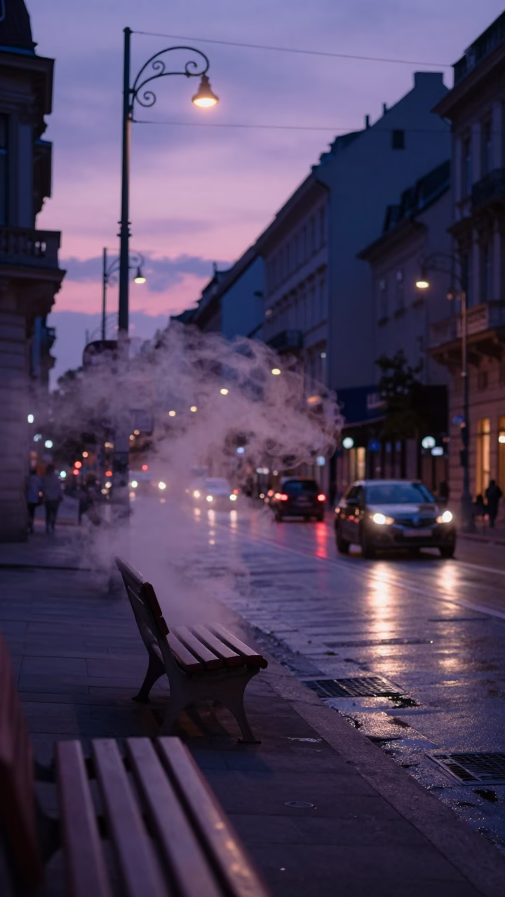 Budapest Indigo Twilight Street Scene with Steam and Reflections in in Budapest, Hungary