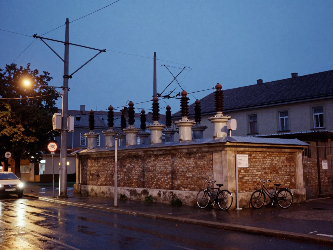 Budapest indigo twilight street scene with substation insulators and urban infrastructure in in Budapest, Hungary