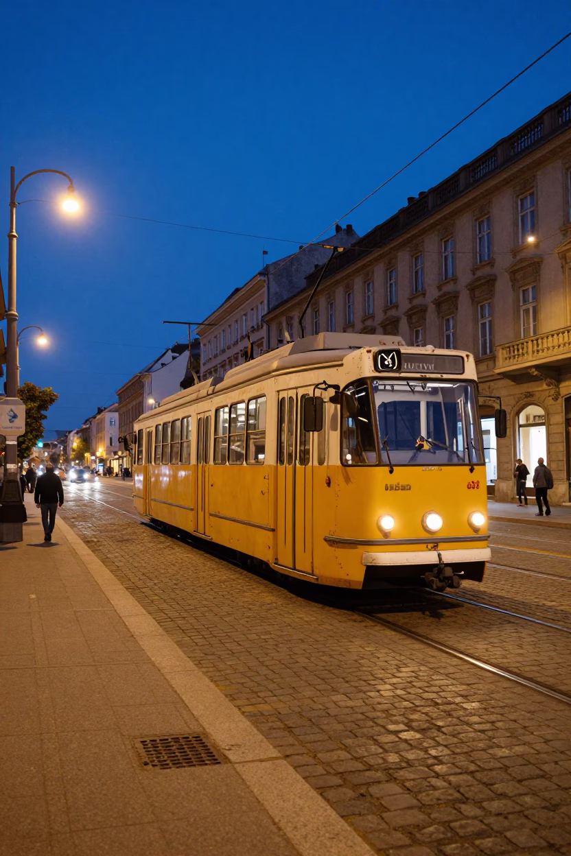 Budapest indigo twilight street scene with tramway and urban details in in Budapest, Hungary