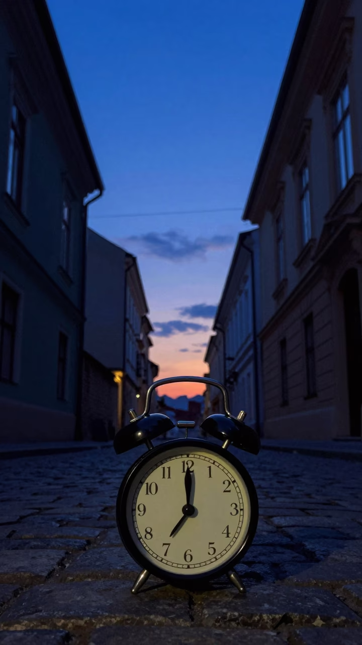 Budapest Indigo Twilight Street Scene with Vintage Alarm Clock and Candlestick on Window Sill in in Budapest, Hungary