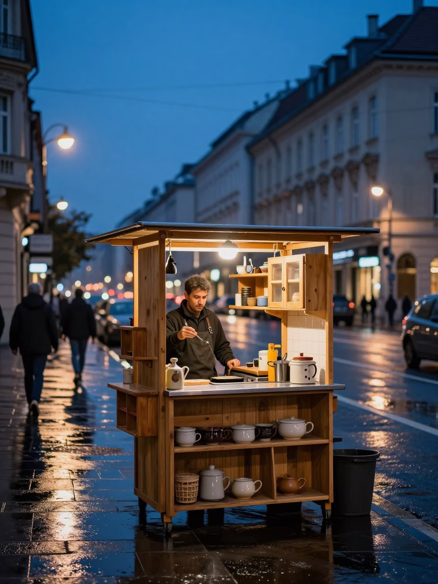 Budapest Indigo Twilight Street Scene with Vintage Kitchen Shelves and Fruit Tarts in in Budapest, Hungary