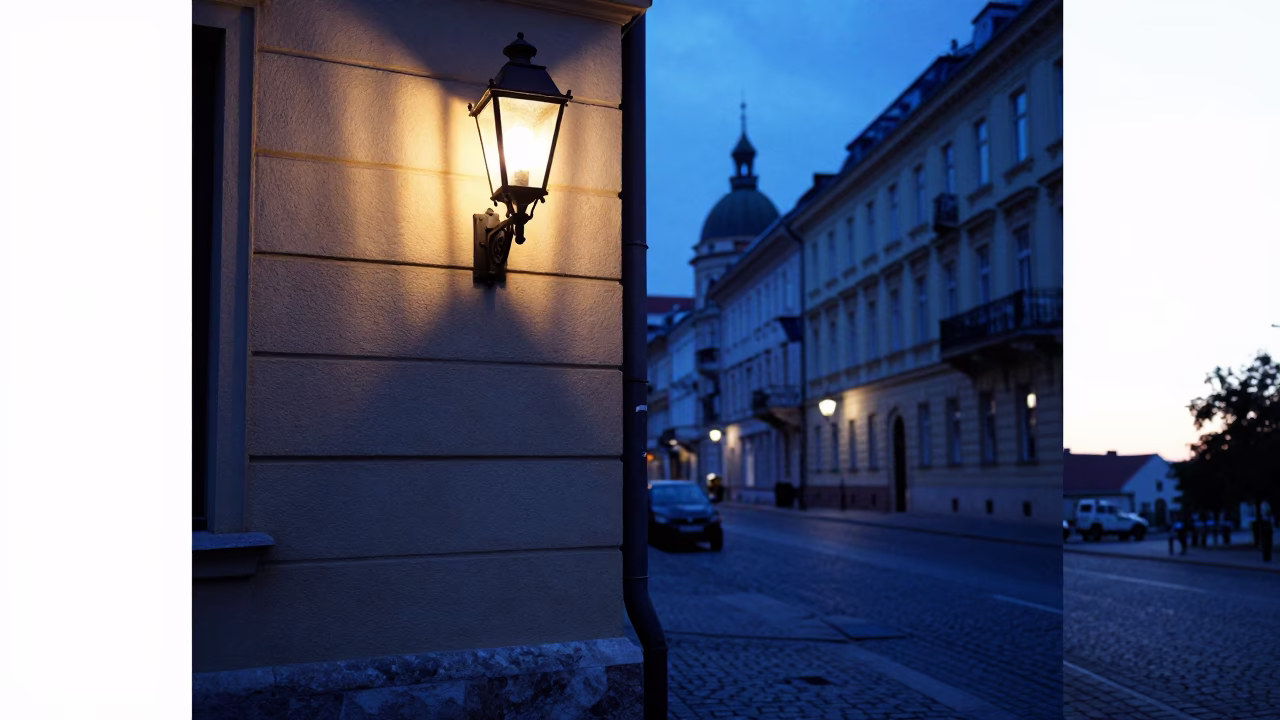Budapest indigo twilight street scene with wall sconce and peony bush in in Budapest, Hungary