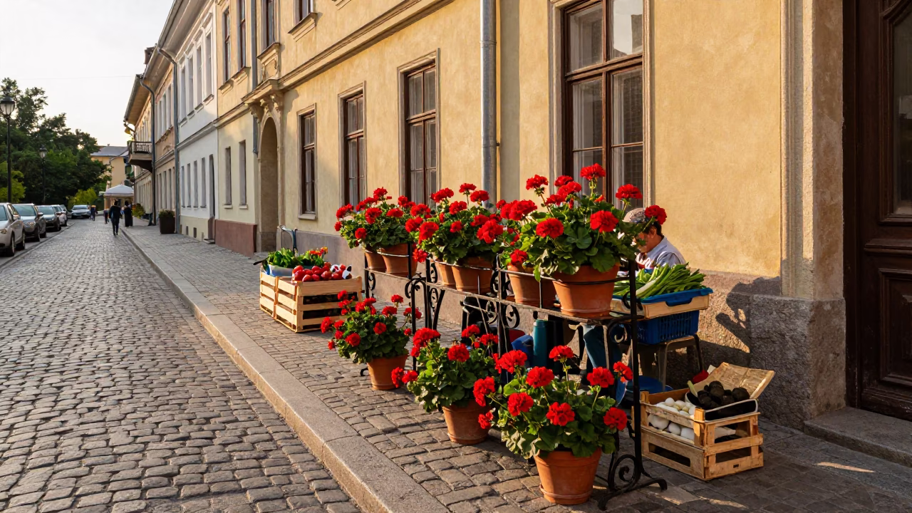 Budapest late afternoon street scene with geraniums and local market activity in in Budapest, Hungary