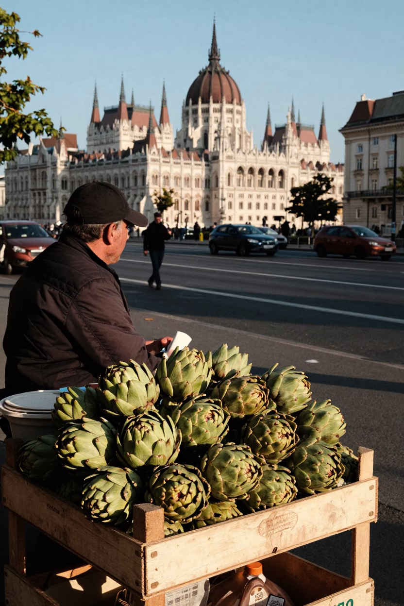 Budapest Late Afternoon Street Scene with Local Vendor and Artichokes in in Budapest, Hungary