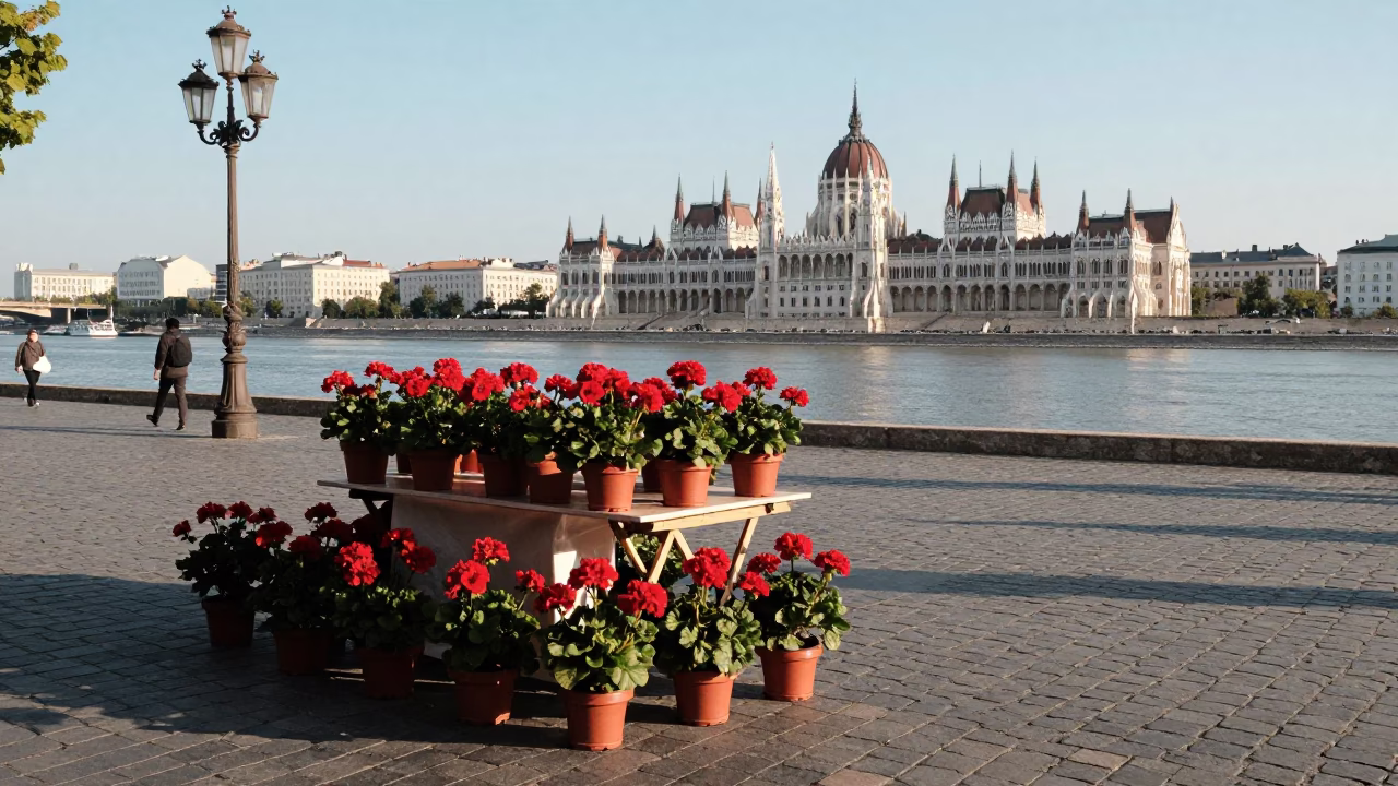 Budapest Late Afternoon Street Scene with Potted Geraniums and Folding Tables in in Budapest, Hungary