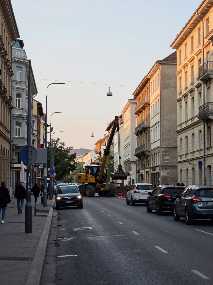 Budapest Late Morning Street Scene with Construction Activity and Urban Skyline in in Budapest, Hungary