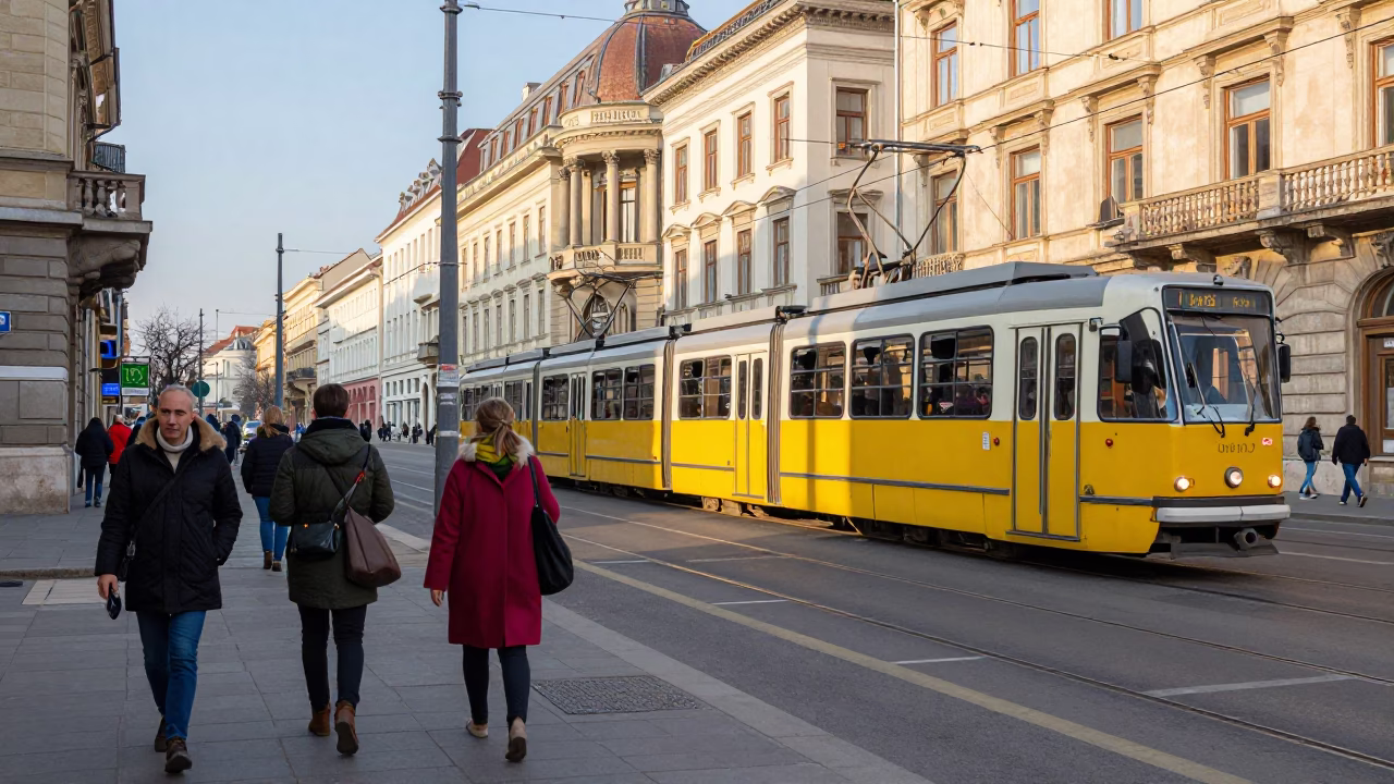 Budapest Late Morning Street Scene with Yellow Tram and Red Brick Architecture in in Budapest, Hungary