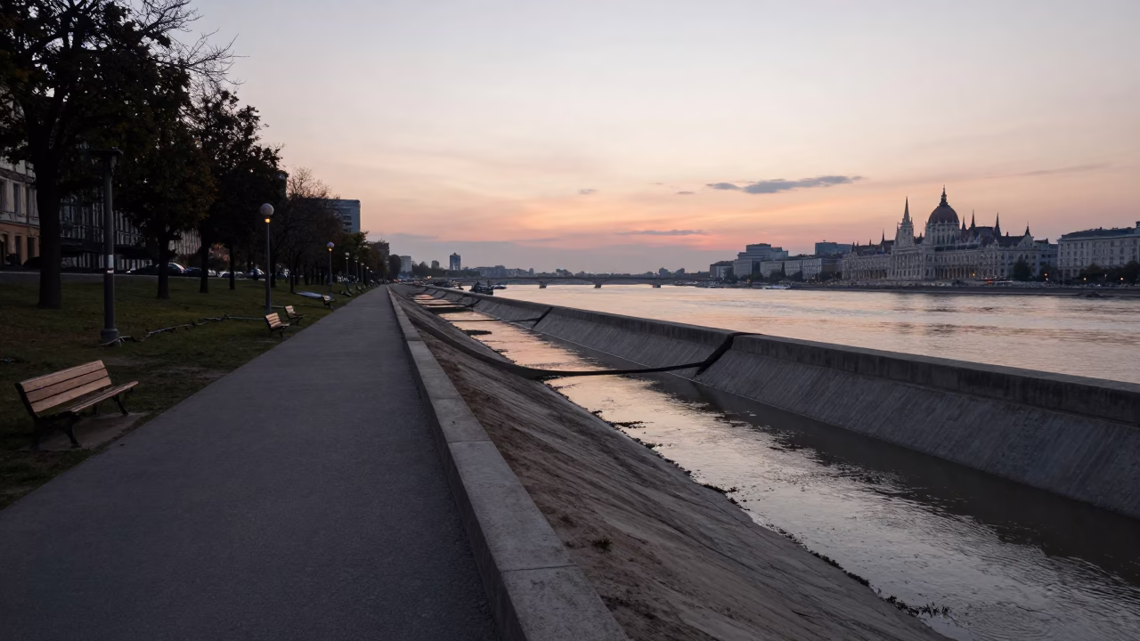 Budapest Levee Path Evening Scene with Concrete Cooling Canal and Reeds in in Budapest, Hungary