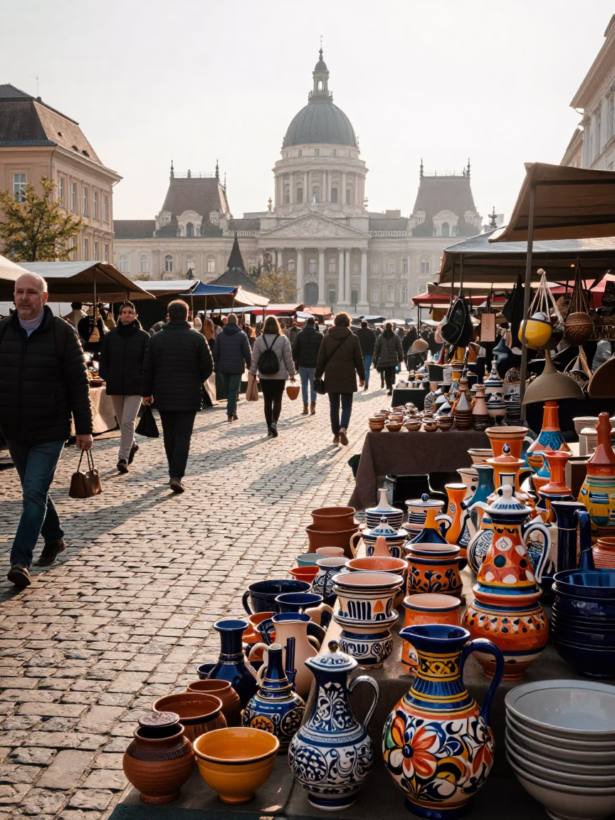 Budapest Market Scene at As First Light Reaches The Scene in in Budapest, Hungary