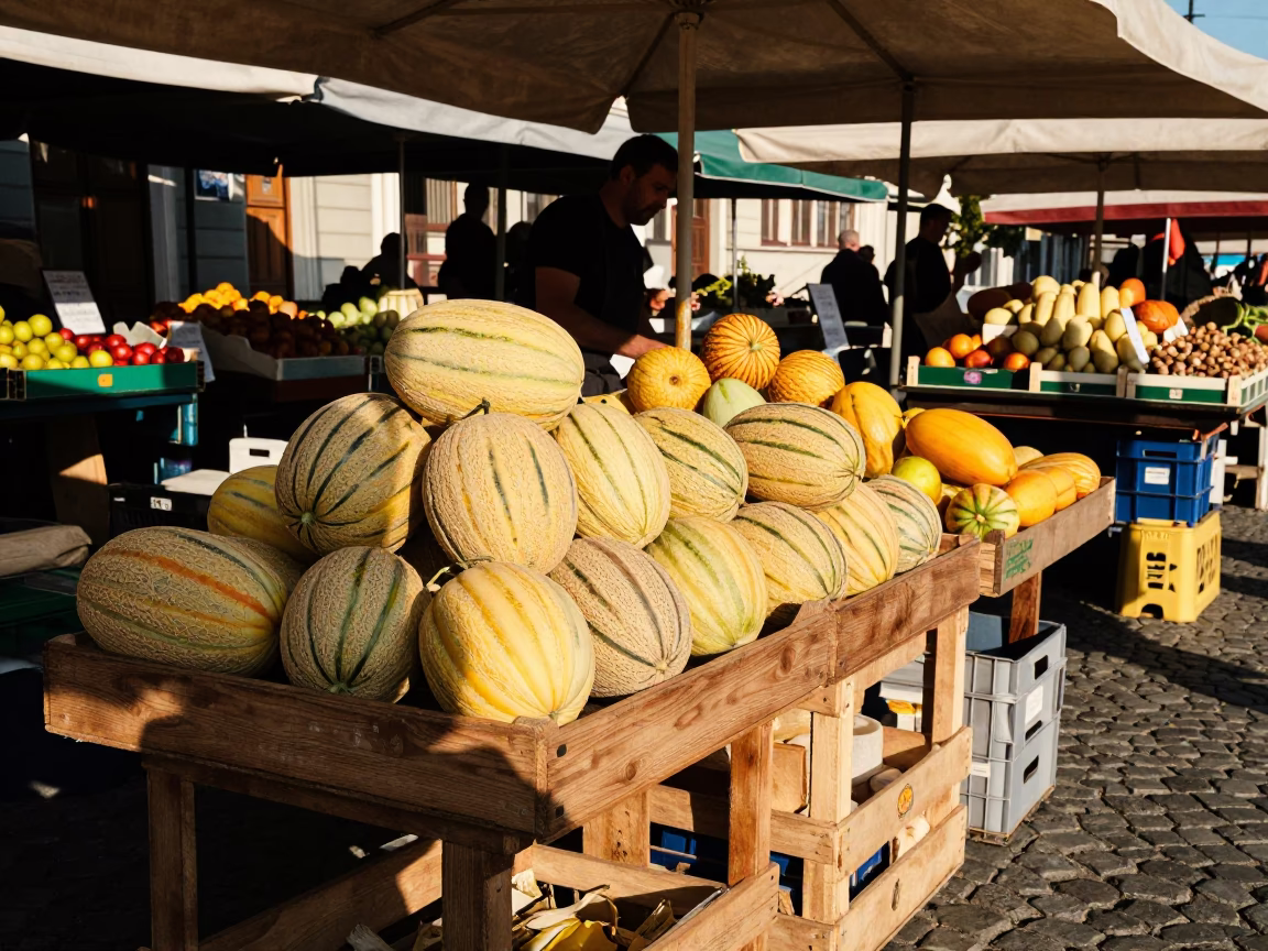 Budapest Market Stall Selling Fresh Melons Under Clear Late Afternoon Sun in in Budapest, Hungary