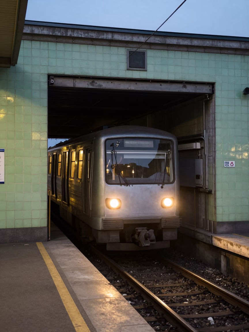 Budapest Metro Train Emerging from Tunnel Into Early Evening Light in in Budapest, Hungary