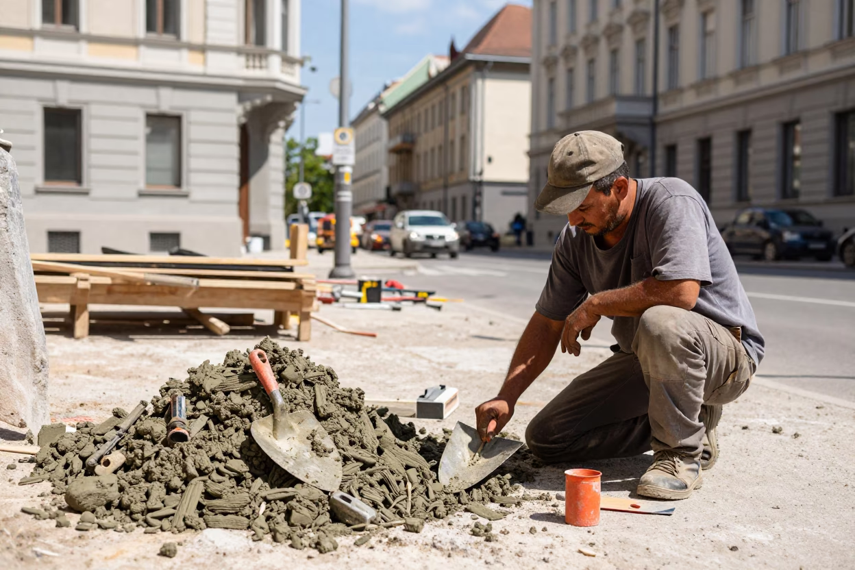 Budapest Midday Construction Scene with Mason's Tools and Urban Architecture in in Budapest, Hungary