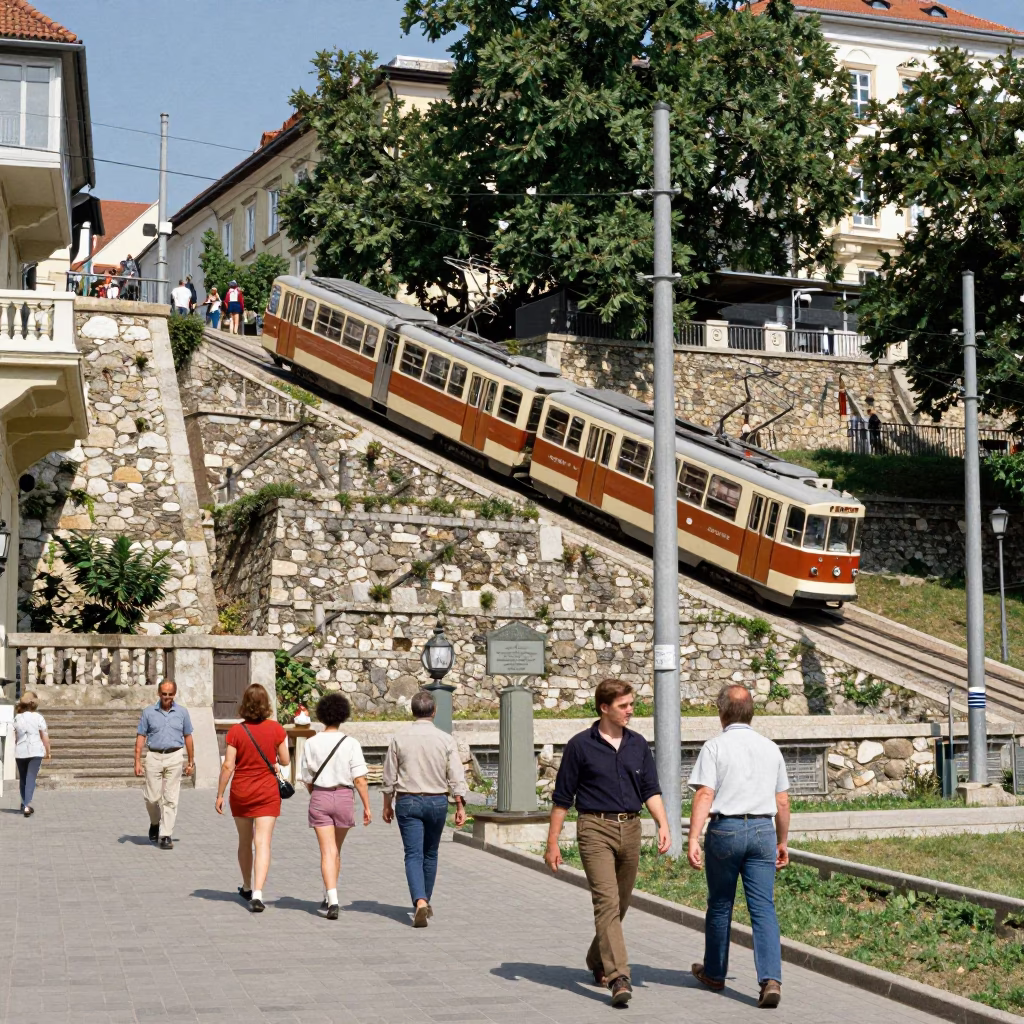 Budapest Midday Street Scene with Funicular Ascing Hill Covered in Autumn Vines in in Budapest, Hungary