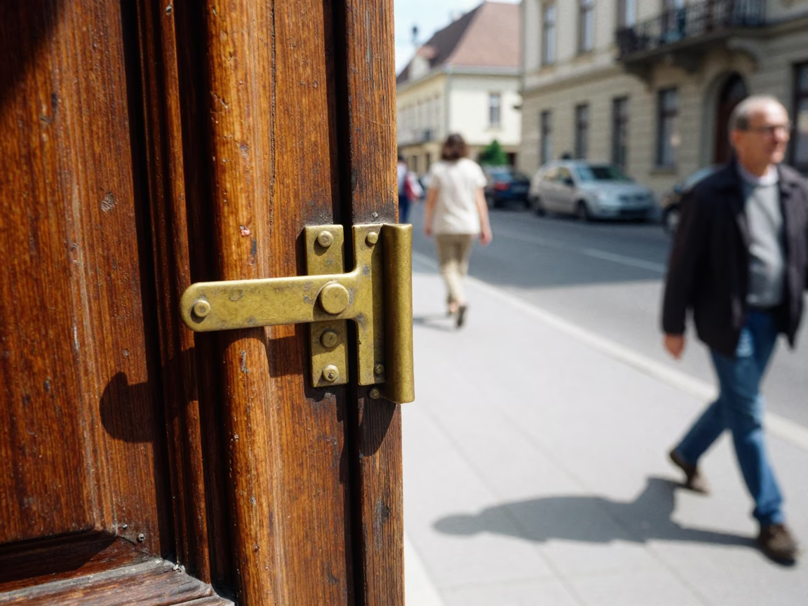 Budapest Midday Street Scene with Old Door Latch and Water Rings on Tile Grout in in Budapest, Hungary