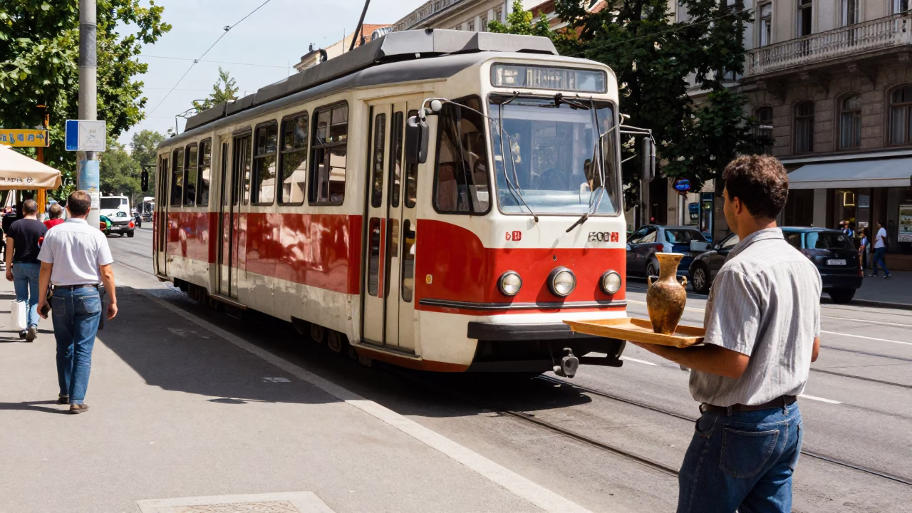 Budapest Midday Street Scene with Tram and Local Life in in Budapest, Hungary