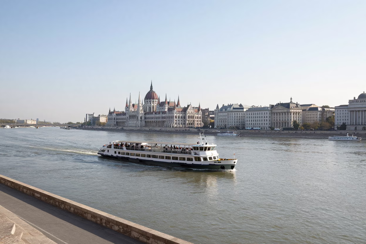 Budapest Midmorning Light Capturing Danube Ferry and Cityscape in in Budapest, Hungary