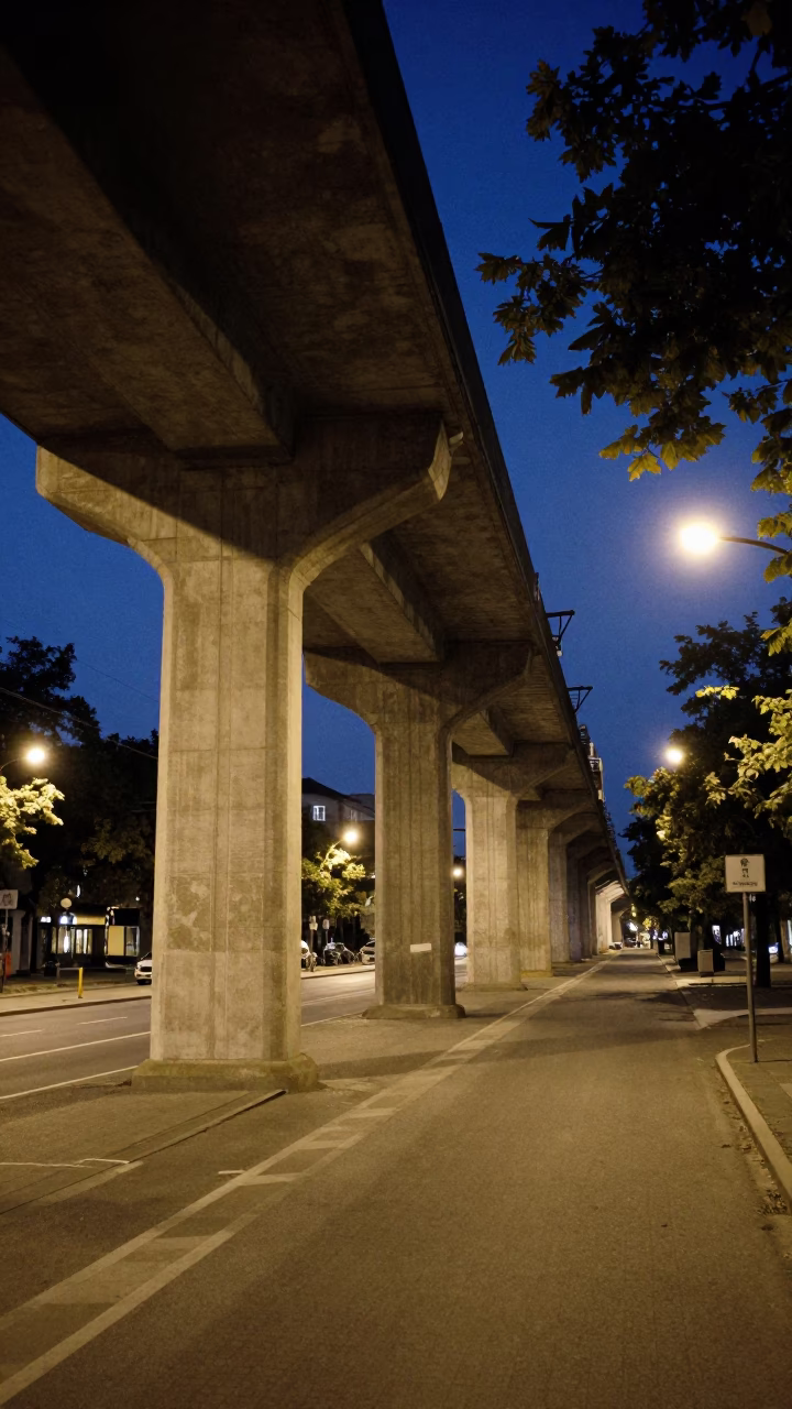Budapest Midnight Street Scene with Concrete Viaduct and Funicular Hill View in in Budapest, Hungary