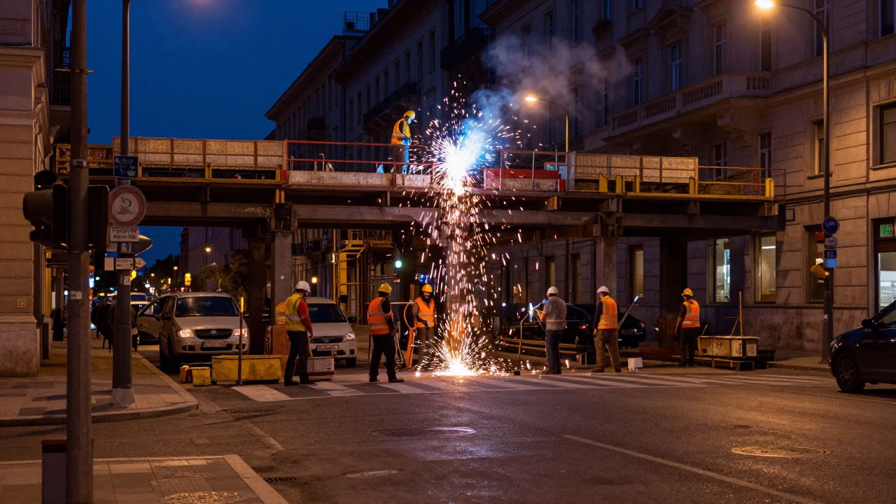 Budapest midnight street scene with welding sparks and urban architecture in in Budapest, Hungary
