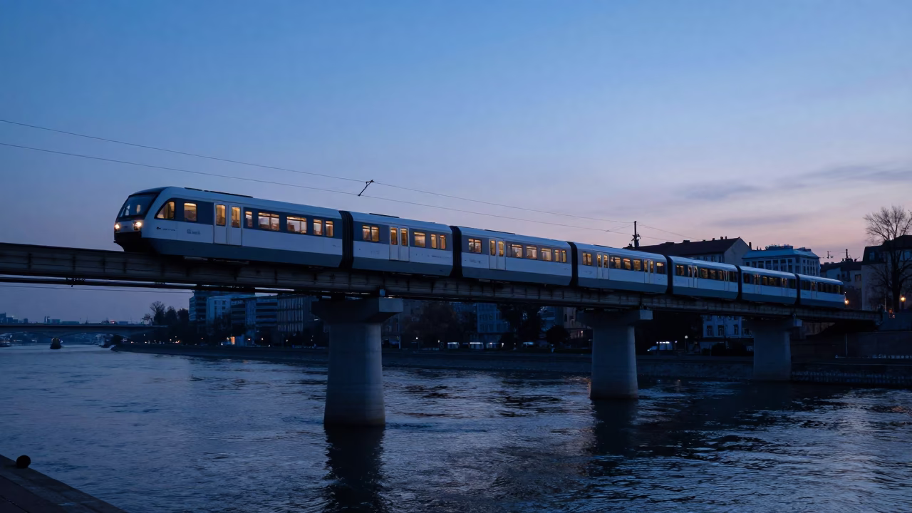 Budapest Monorail Sweeping Above River at Blue Hour Before Sunrise in in Budapest, Hungary